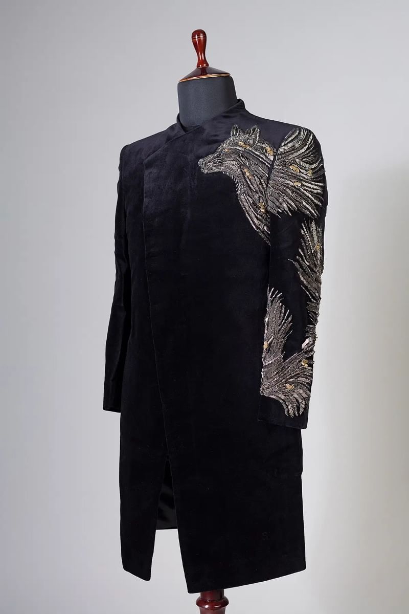 Black Suede Embroidered Indo-Western Sherwani (2-Piece) - Image 3