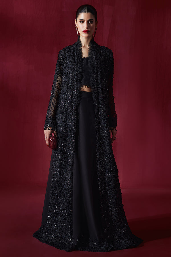 Pakistani Black Embellished Net & Silk Jacket Ensemble (3-Piece) - Image 2