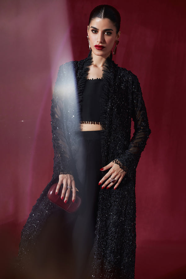 Pakistani Black Embellished Net & Silk Jacket Ensemble (3-Piece) - Image 3