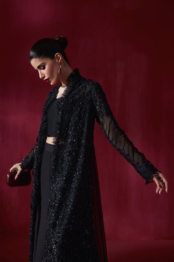 Black Beaded Cutwork Net & Silk Jacket (3-Piece) - Image 4