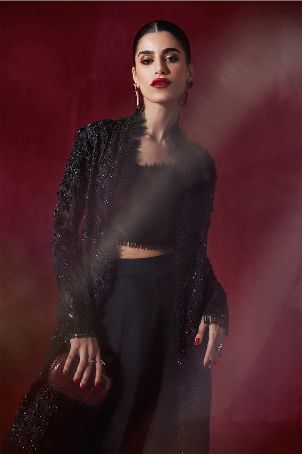 Black Beaded Cutwork Net & Silk Jacket (3-Piece) - Image 6