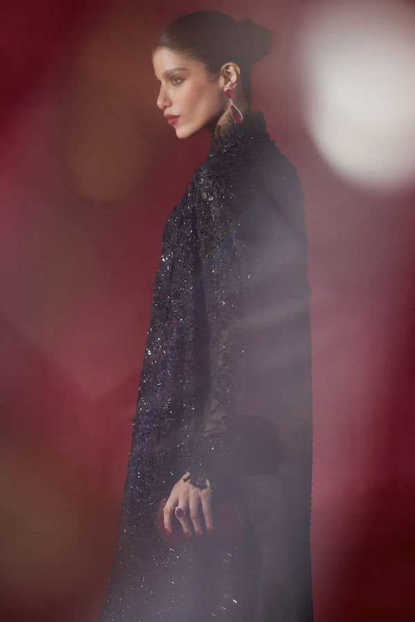 Black Beaded Cutwork Net & Silk Jacket (3-Piece) - Image 7