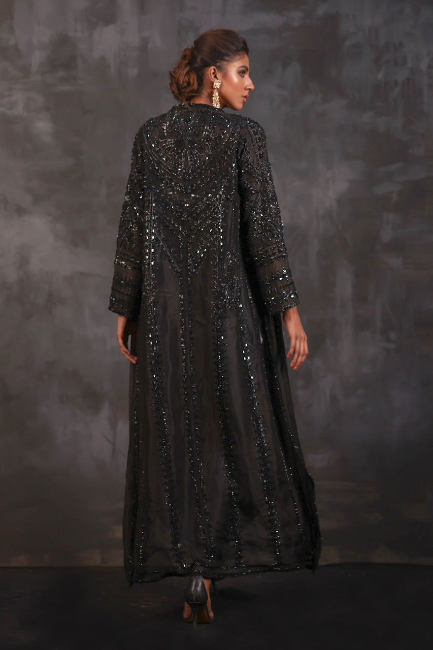 Pakistani Black Hand-Beaded Organza Jacket Set (3-Piece) - Image 2