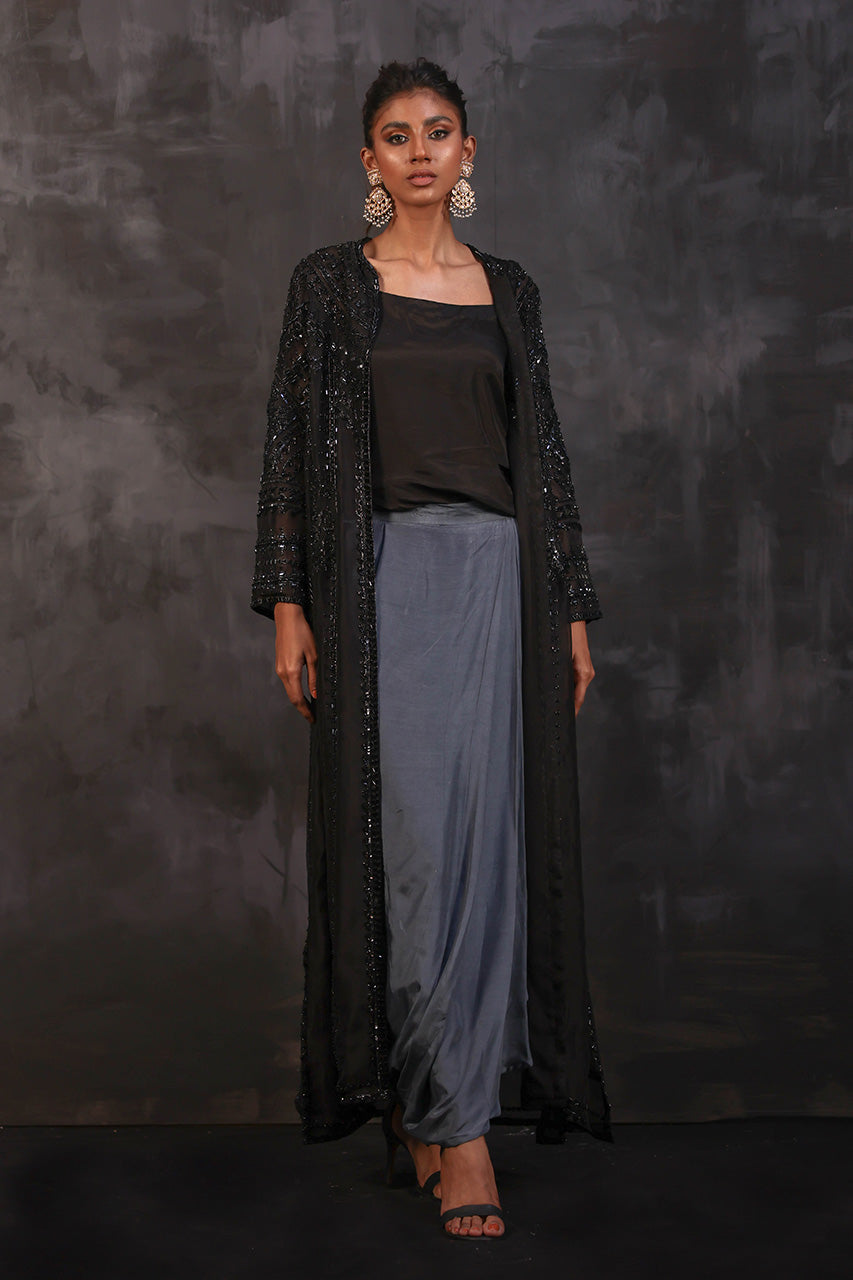 Pakistani Black Hand-Beaded Organza Jacket Set (3-Piece) - Image 3