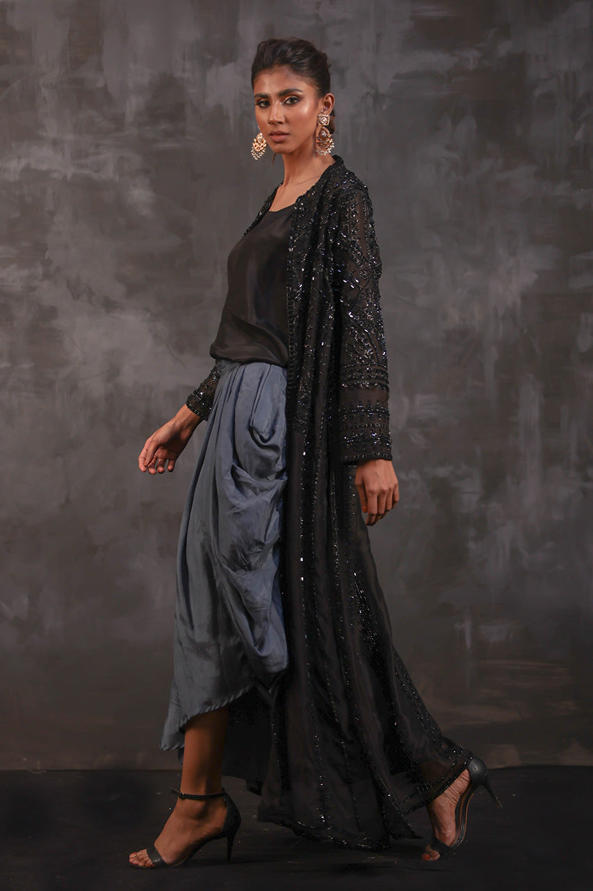 Pakistani Black Hand-Beaded Organza Jacket Set (3-Piece) - Image 4