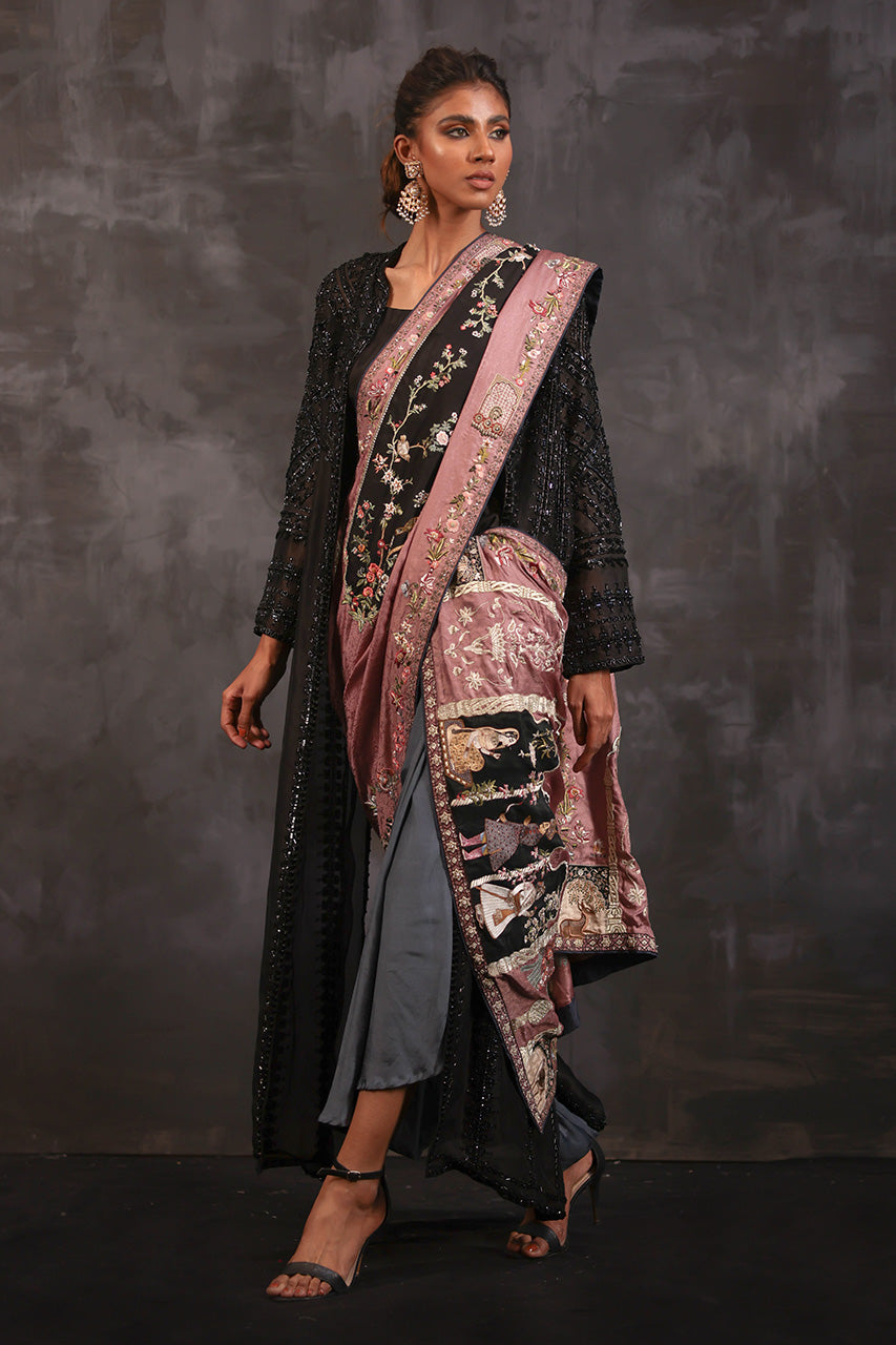 Pakistani Black Hand-Beaded Organza Jacket Set (3-Piece) - Image 6