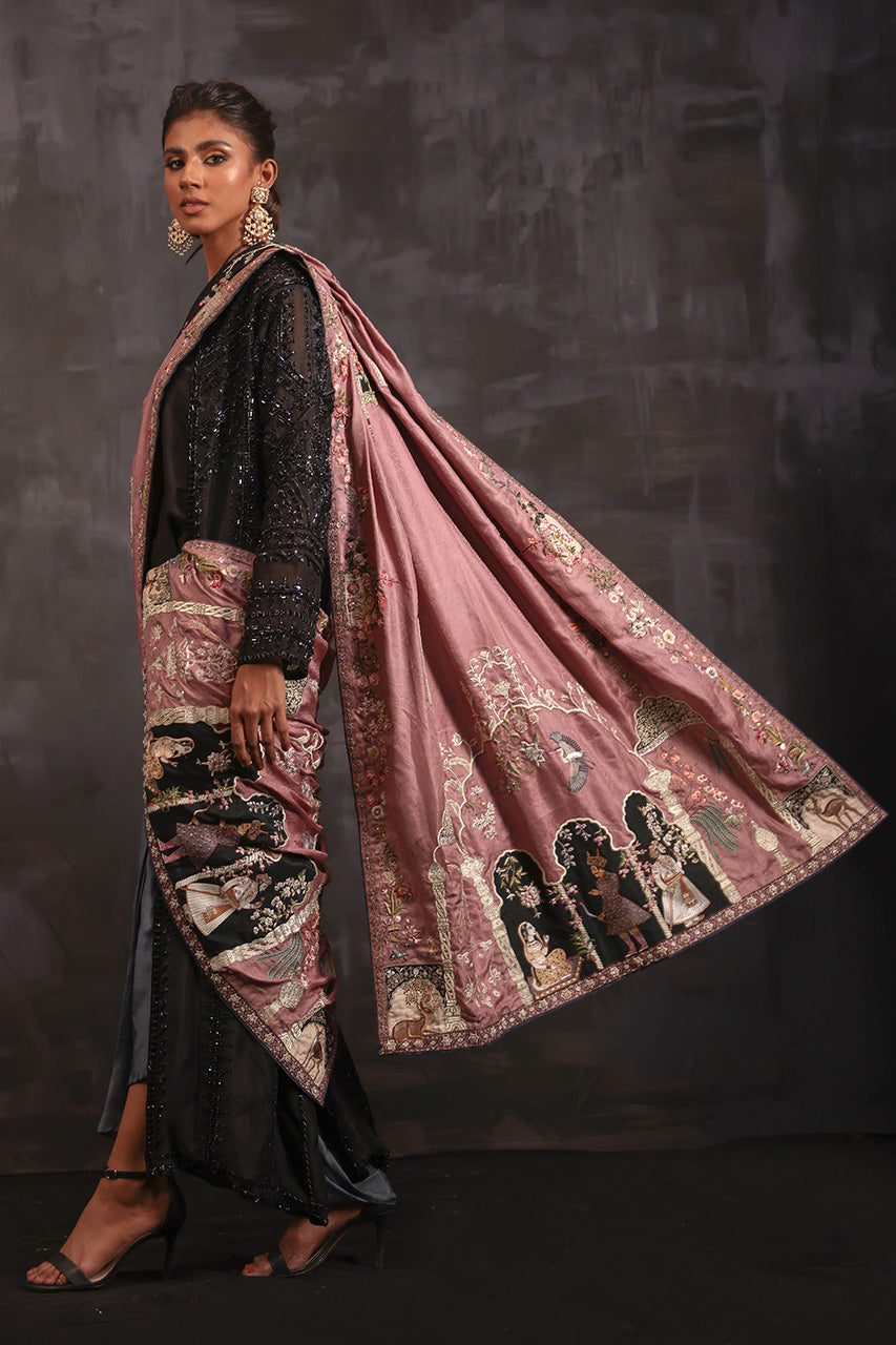 Pakistani Black Hand-Beaded Organza Jacket Set (3-Piece) - Image 7