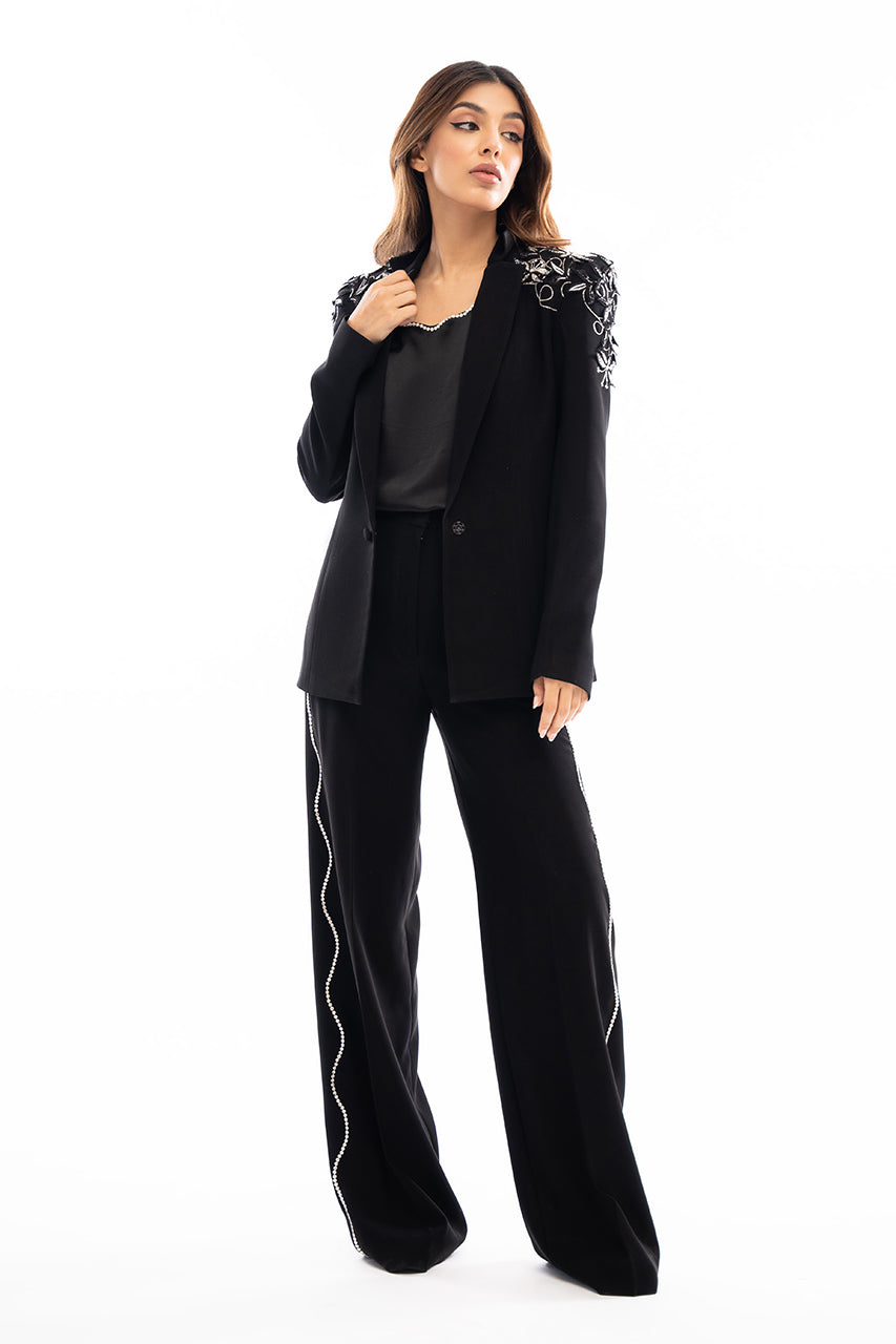 Jet Black Embellished Italian Crepe Jacket Set (3-Piece) - Image 3