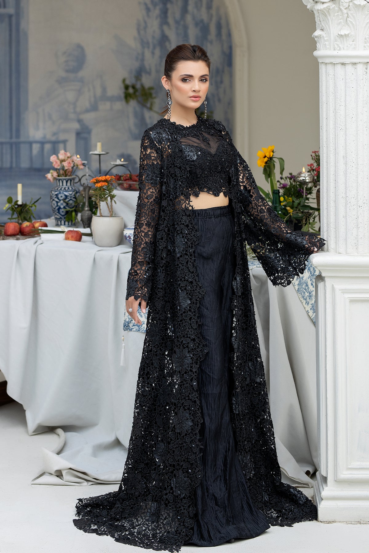 Pakistani Black Embellished Net Jacket Set (3-Piece) - Image 1