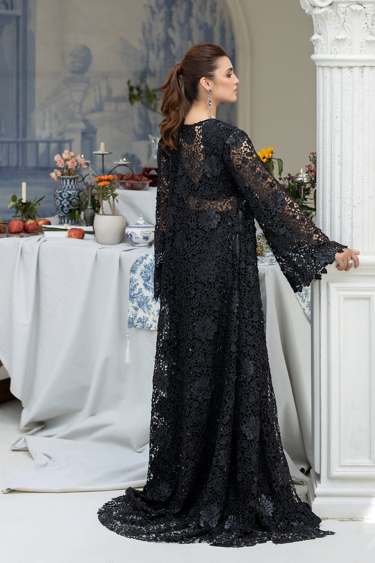 Pakistani Black Embellished Net Jacket Set (3-Piece) - Image 3