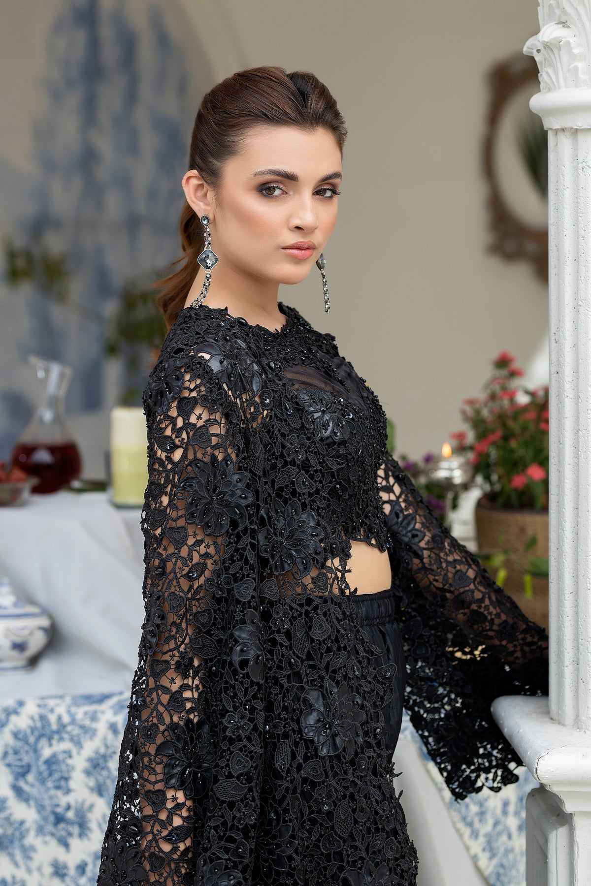Pakistani Black Embellished Net Jacket Set (3-Piece) - Image 4