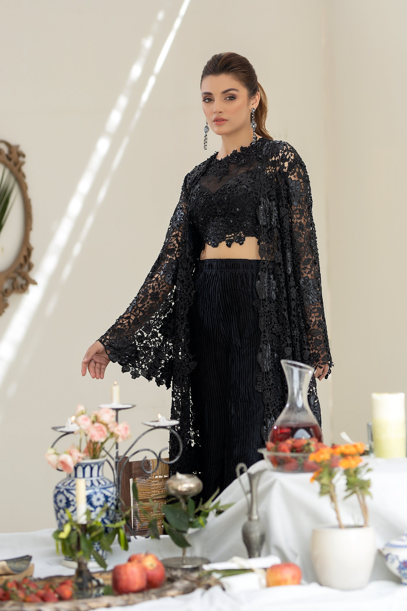 Pakistani Black Embellished Net Jacket Set (3-Piece) - Image 5