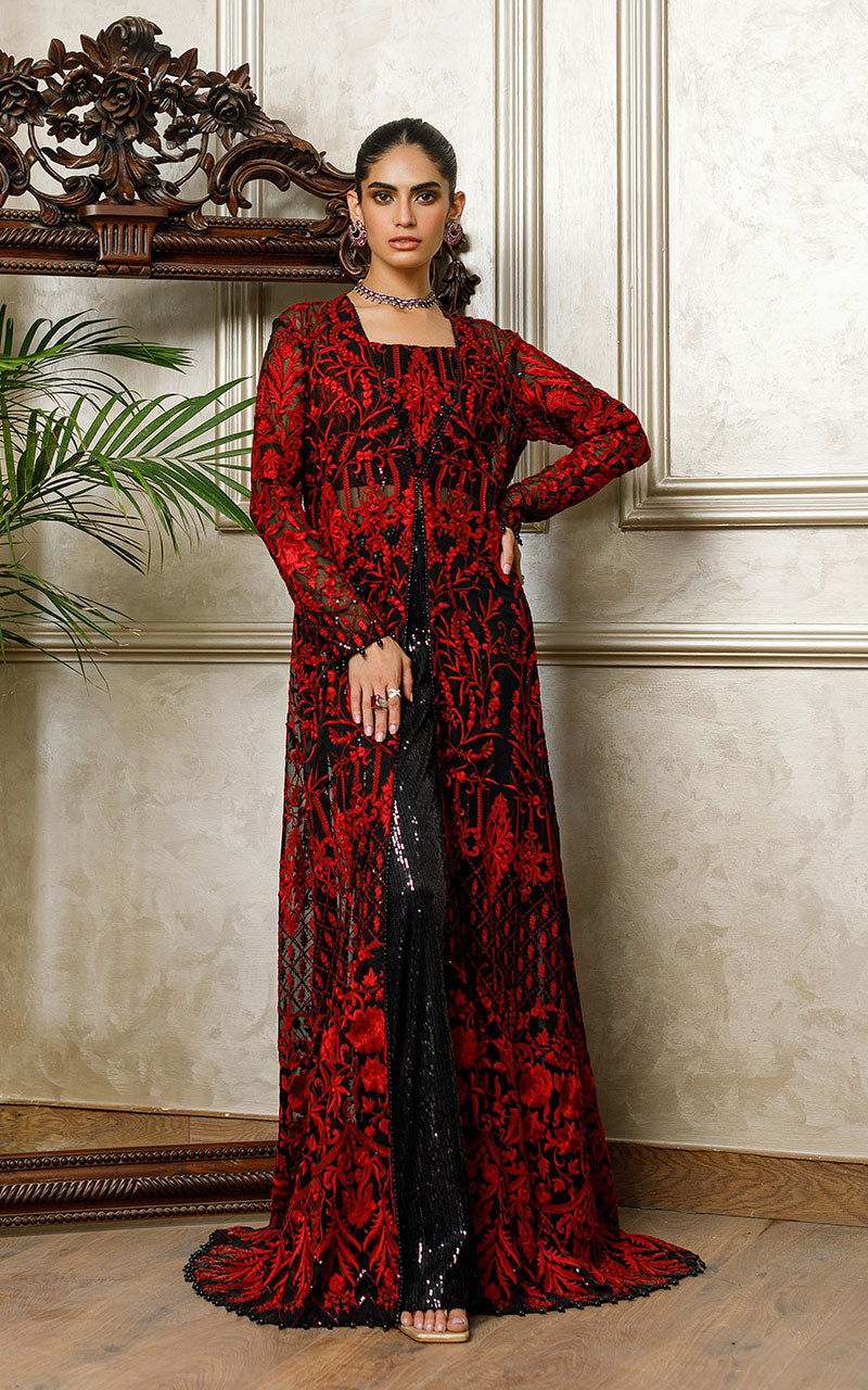 Pakistani Red and Black Embroidered Net Jacket Set (3-Piece) - Image 1