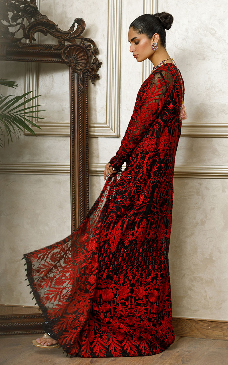 Pakistani Red and Black Embroidered Net Jacket Set (3-Piece) - Image 2