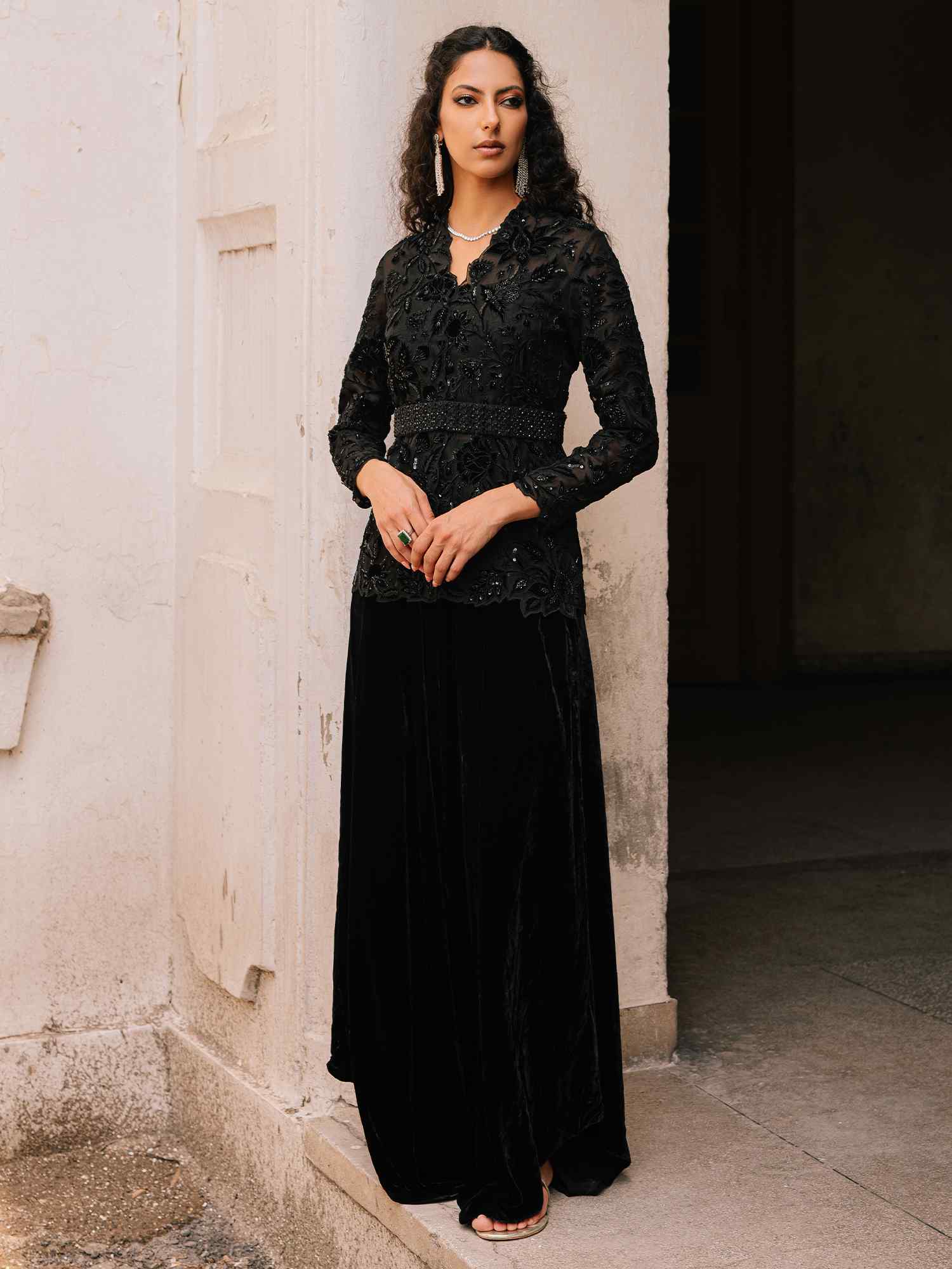 Pakistani Black Embellished Organza Velvet Silk Jacket Set (3-Piece) - Image 1