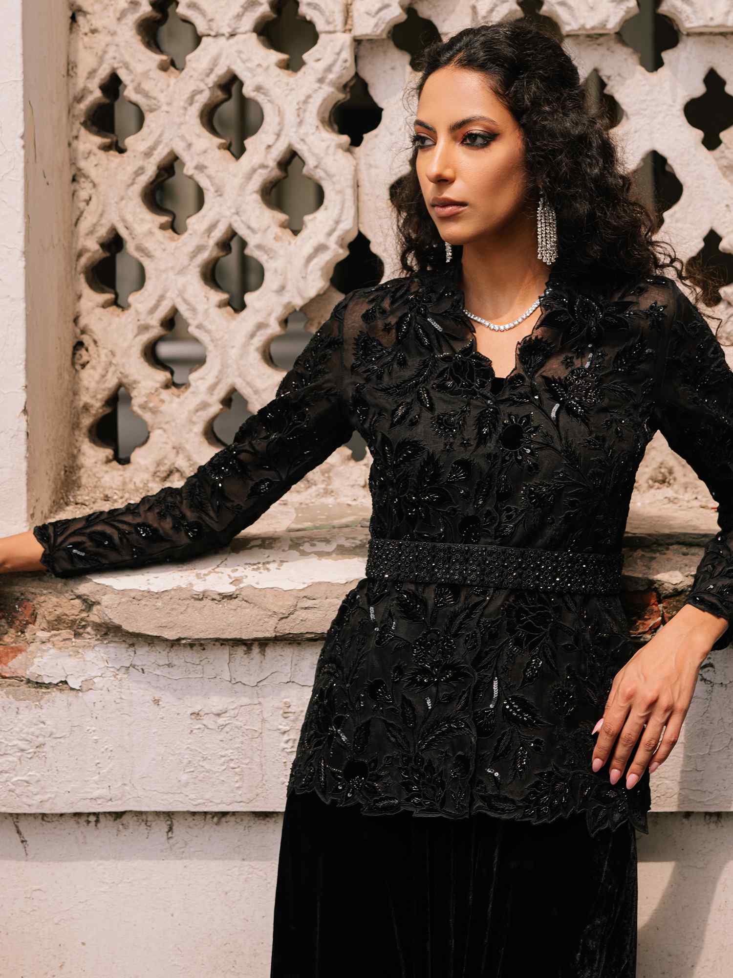 Pakistani Black Embellished Organza Velvet Silk Jacket Set (3-Piece) - Image 2