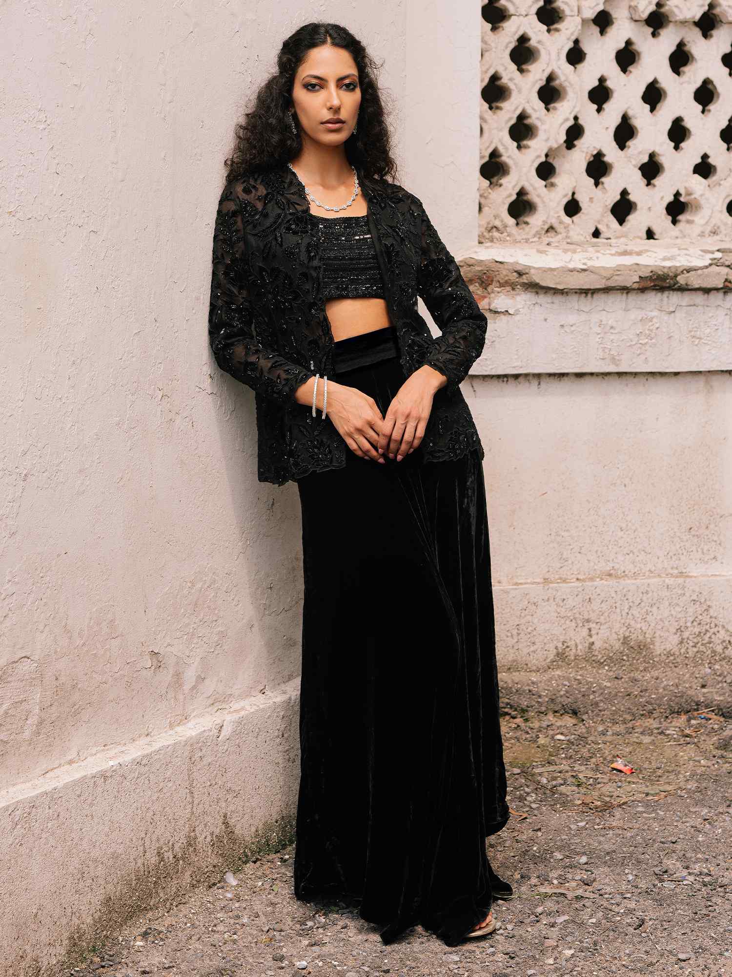 Pakistani Black Embellished Organza Velvet Silk Jacket Set (3-Piece) - Image 4