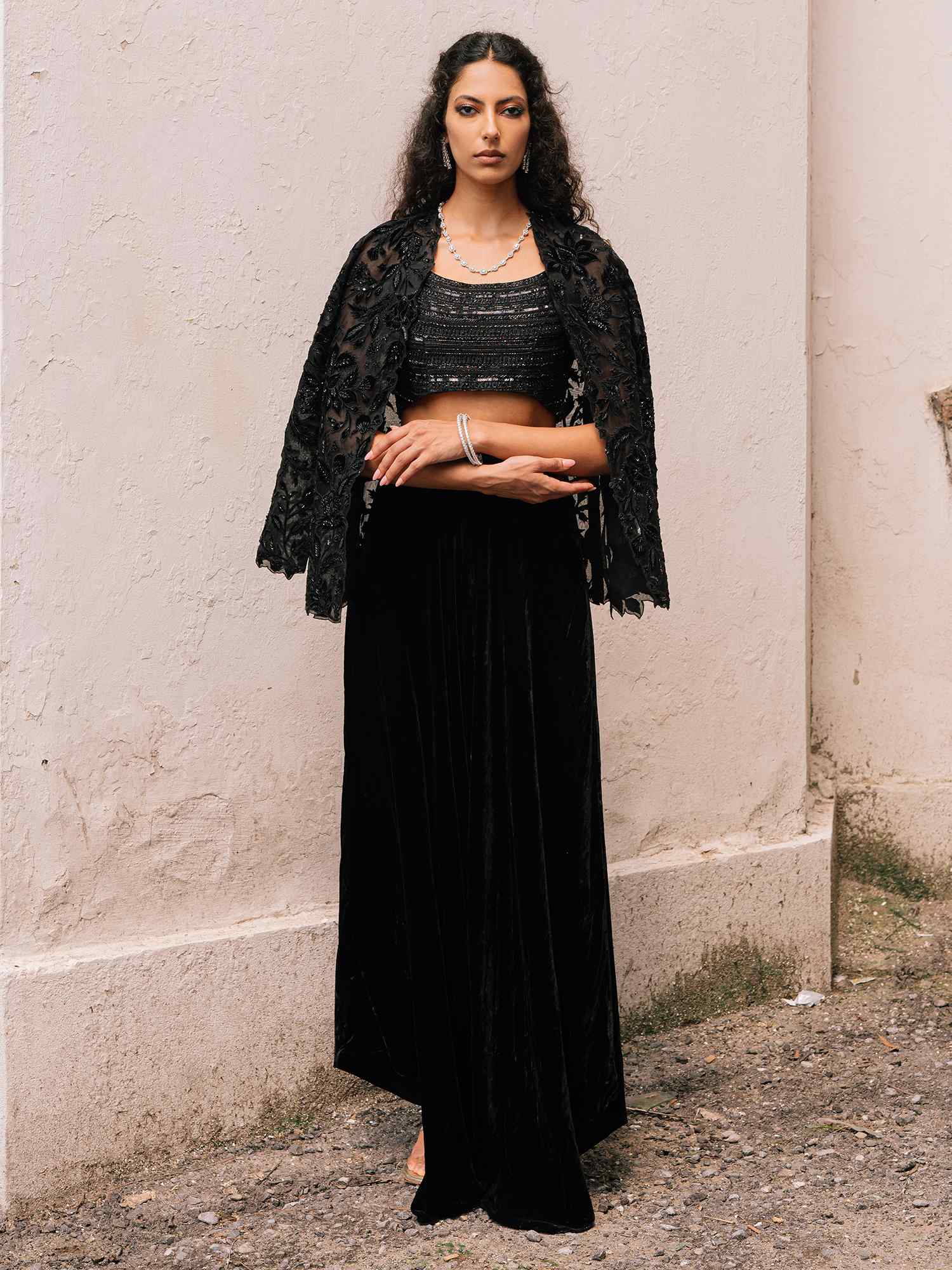 Pakistani Black Embellished Organza Velvet Silk Jacket Set (3-Piece) - Image 5