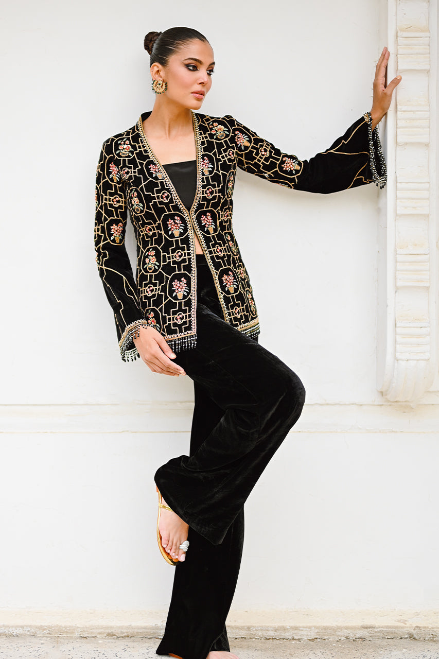Black Velvet Embroidered Jacket Set (3-Piece) - Image 1