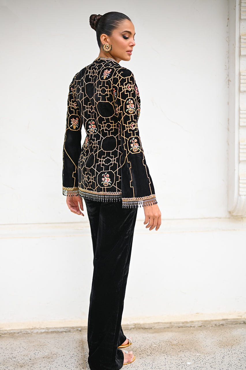 Black Velvet Embroidered Jacket Set (3-Piece) - Image 2