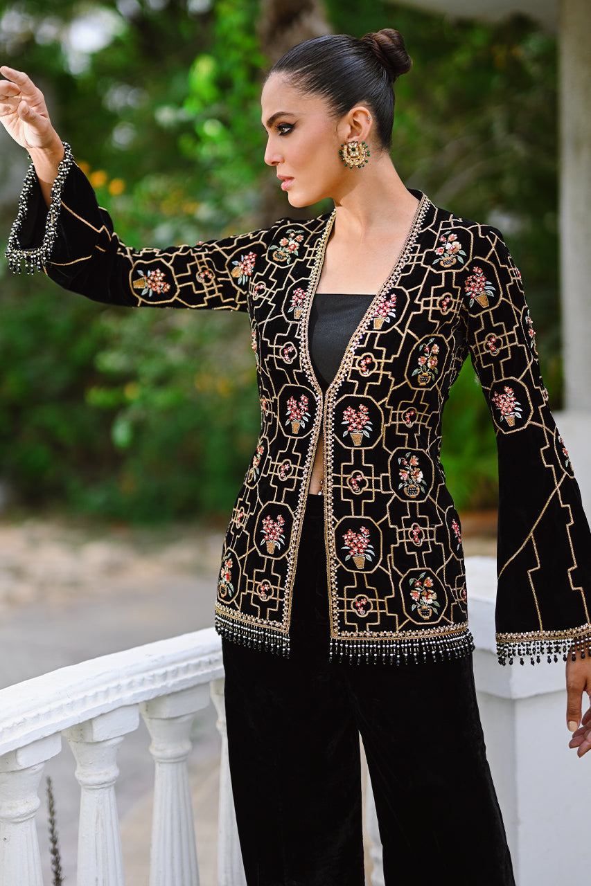 Black Velvet Embroidered Jacket Set (3-Piece) - Image 3
