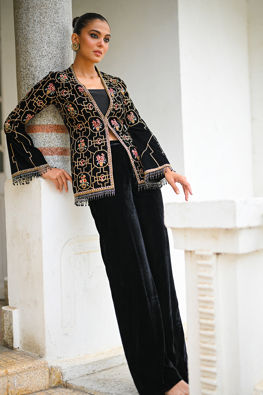 Black Velvet Embroidered Jacket Set (3-Piece) - Image 4