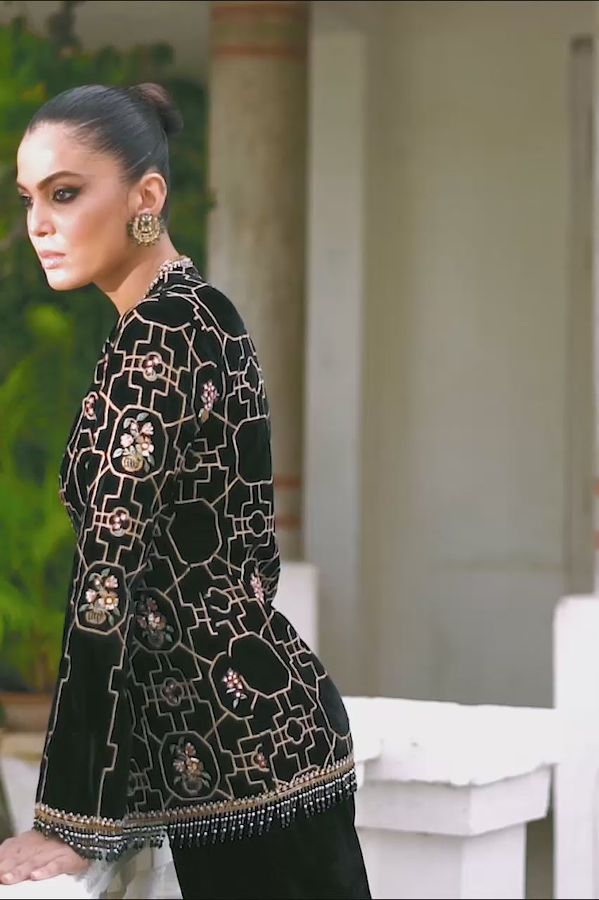 Black Velvet Embroidered Jacket Set (3-Piece) - Image 5