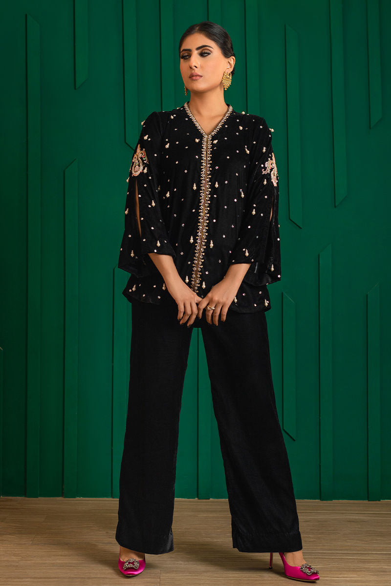 Black Hand-Embellished Velvet Jacket Set (2-Piece) - Image 1