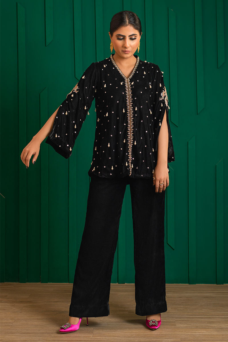 Black Hand-Embellished Velvet Jacket Set (2-Piece) - Image 2