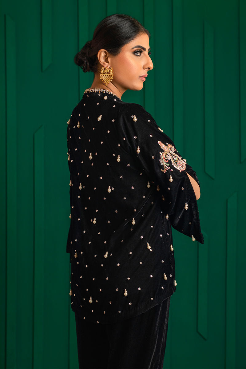 Black Hand-Embellished Velvet Jacket Set (2-Piece) - Image 6
