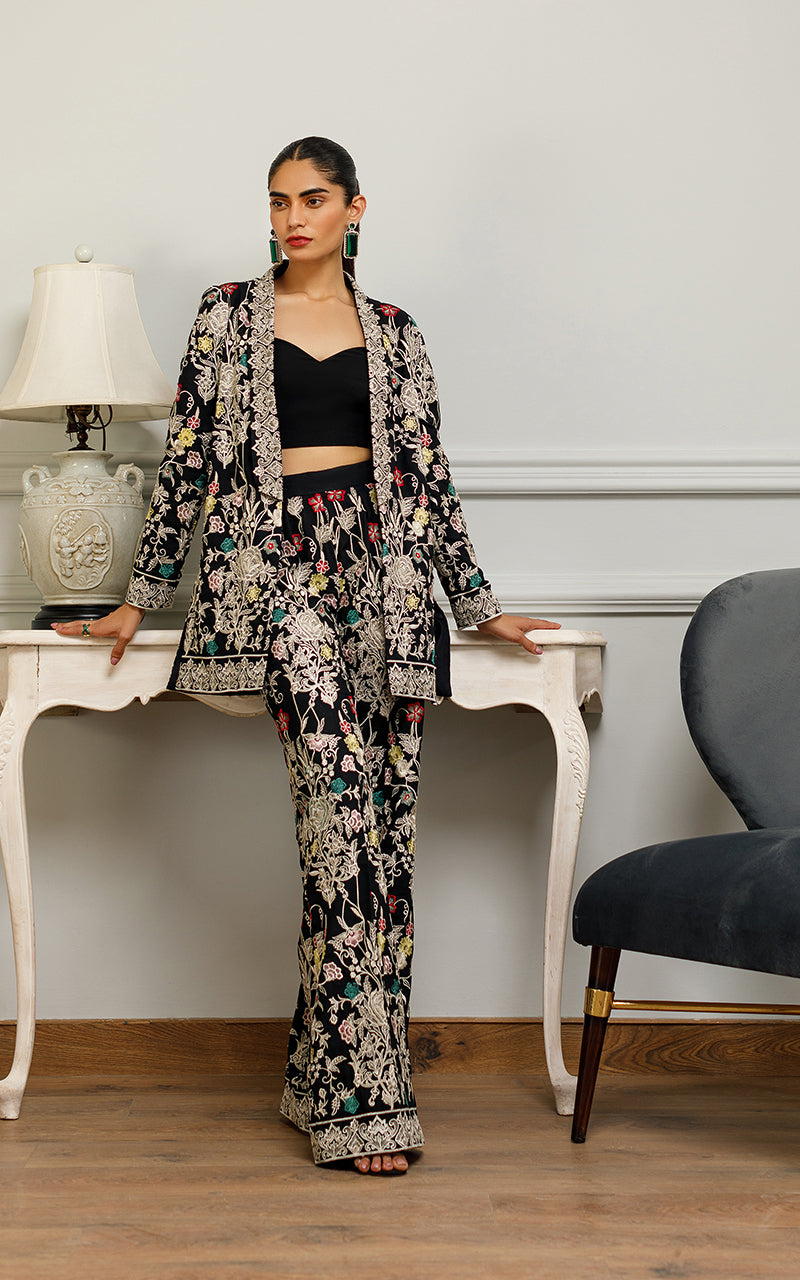 Black Embroidered Chiffon Jacket with Trousers (2-Piece) - Image 1