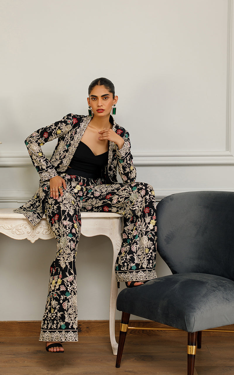 Black Embroidered Chiffon Jacket with Trousers (2-Piece) - Image 5