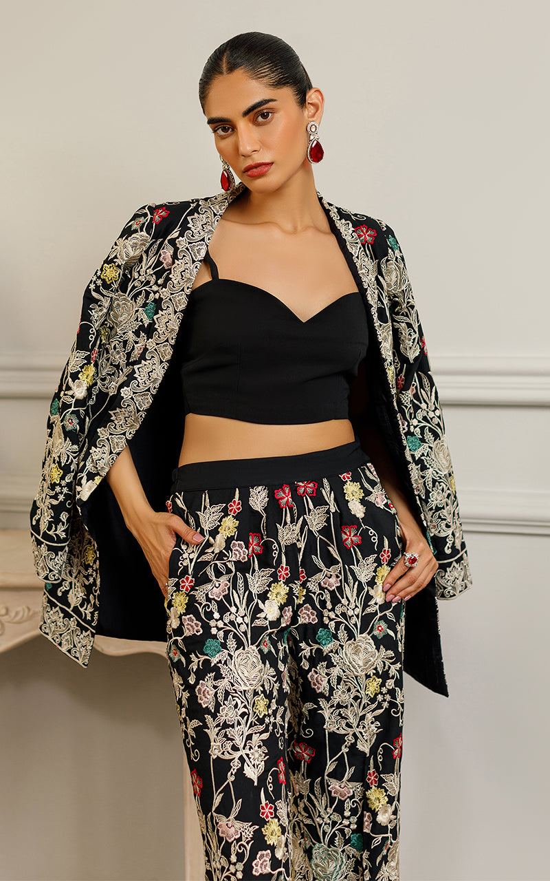 Black Embroidered Chiffon Jacket with Trousers (2-Piece) - Image 6