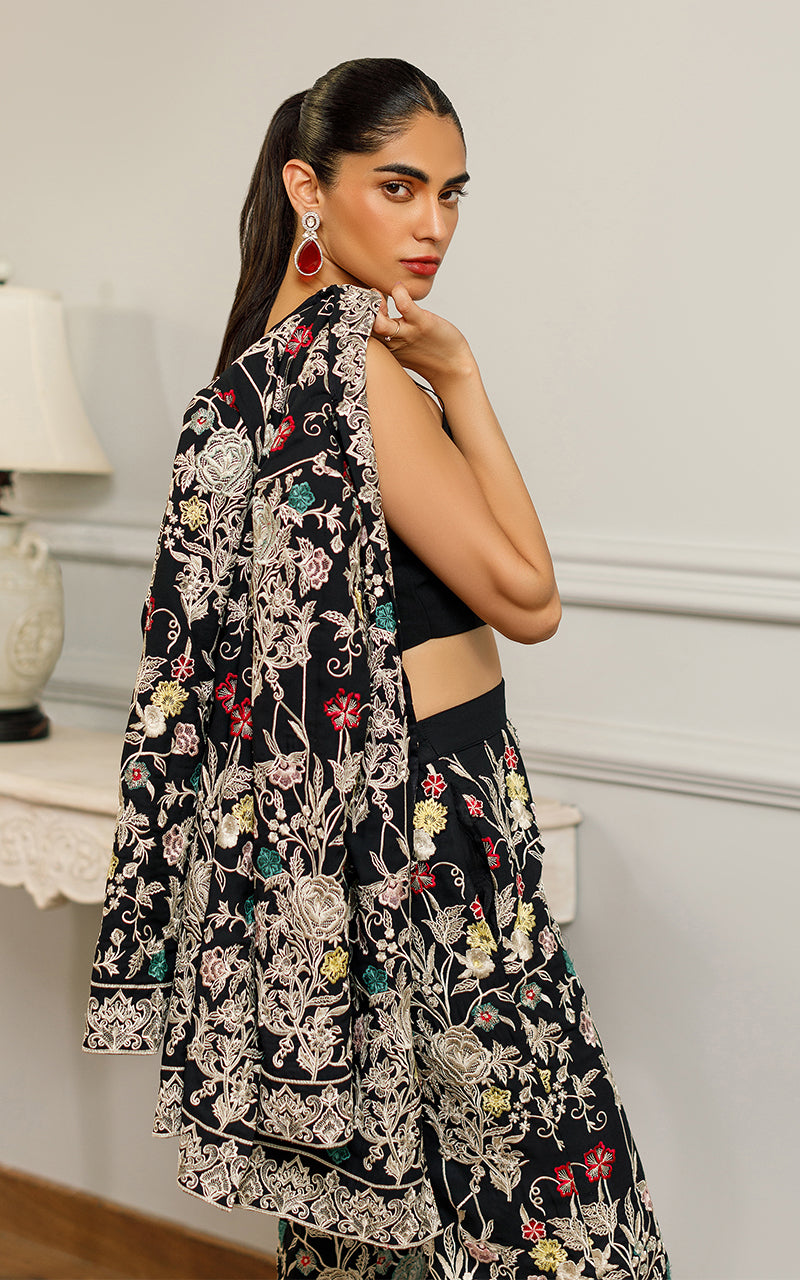 Black Embroidered Chiffon Jacket with Trousers (2-Piece) - Image 7