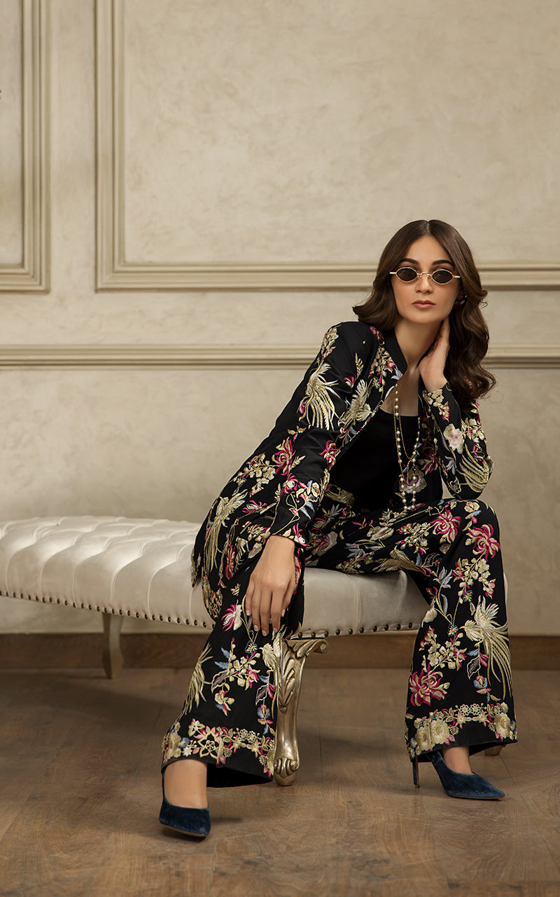 Pakistani Black Embroidered Chiffon Jacket and Trouser (2-Piece) - Image 2