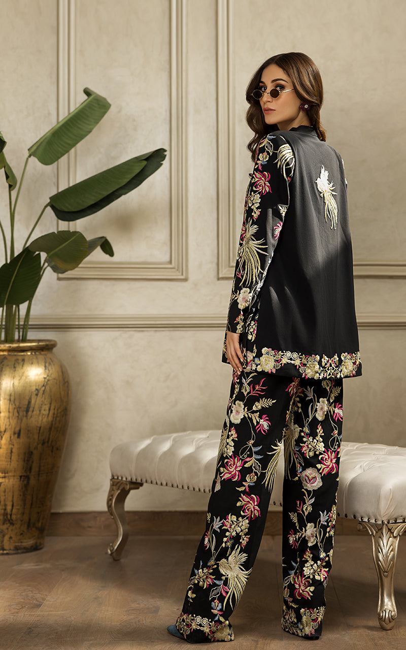 Pakistani Black Embroidered Chiffon Jacket and Trouser (2-Piece) - Image 6