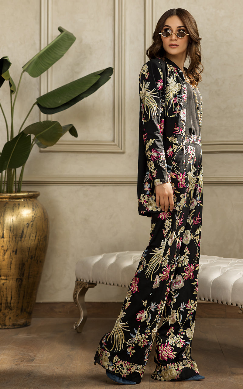 Pakistani Black Embroidered Chiffon Jacket and Trouser (2-Piece) - Image 7