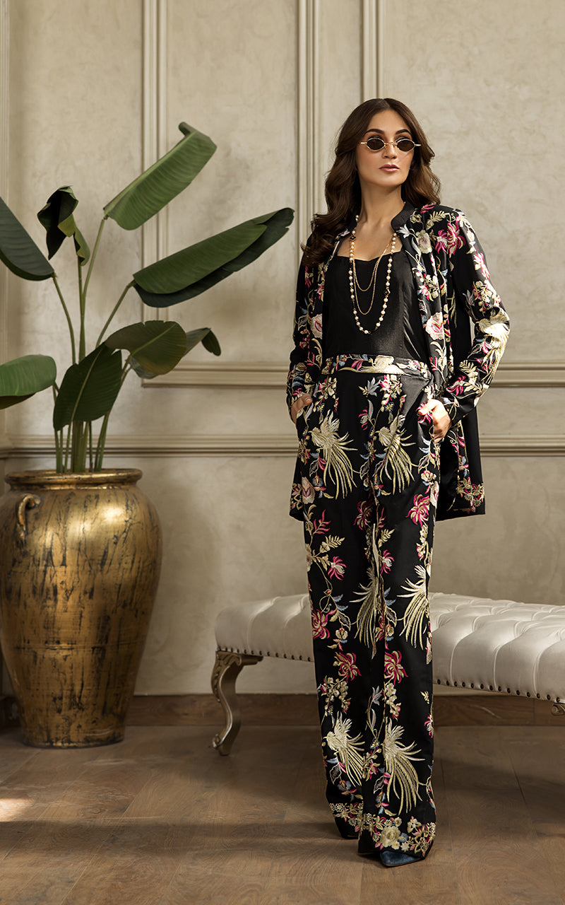 Pakistani Black Embroidered Chiffon Jacket and Trouser (2-Piece) - Image 8