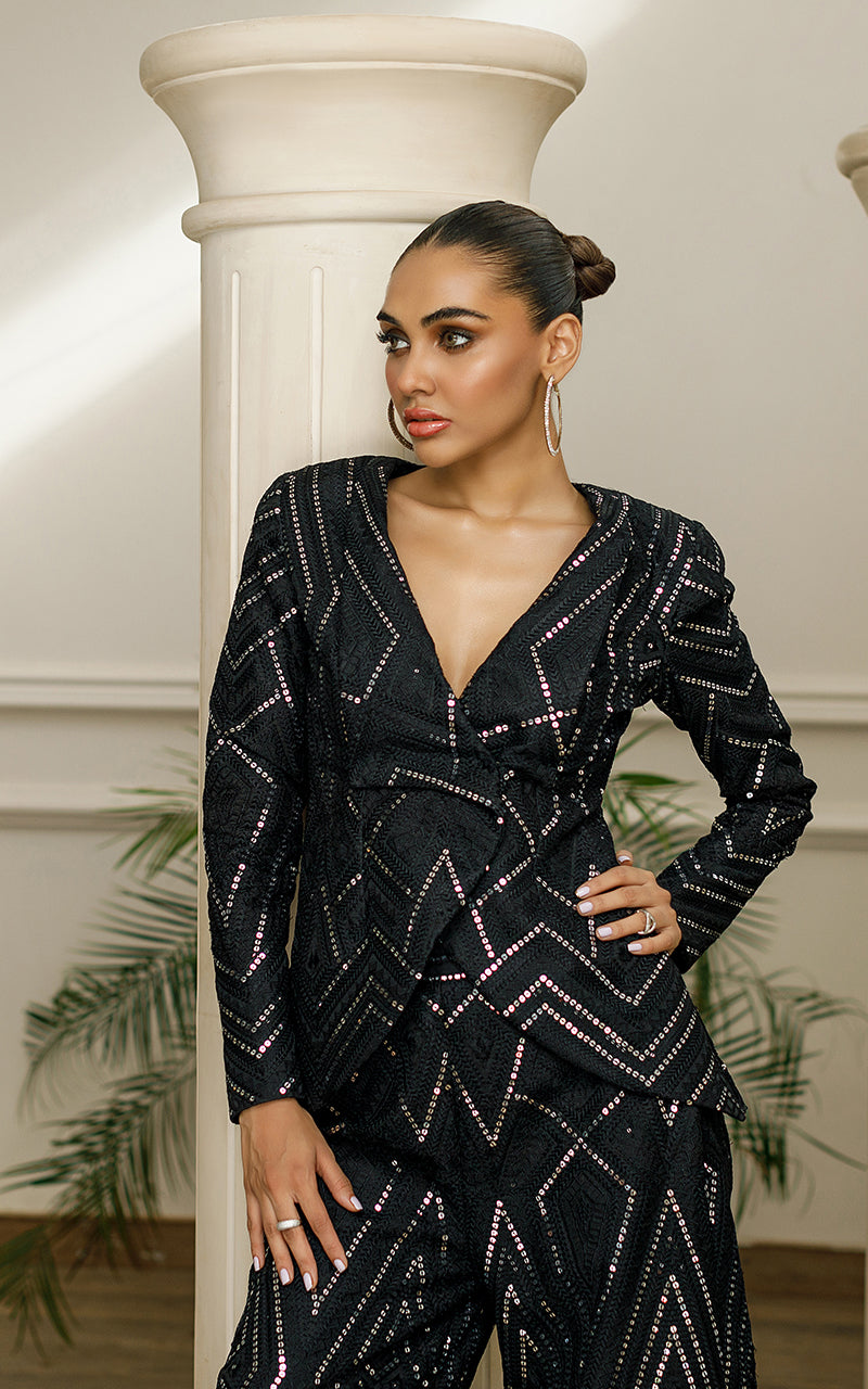 Black Embroidered Organza Jacket & Trouser (2-Piece) - Image 3