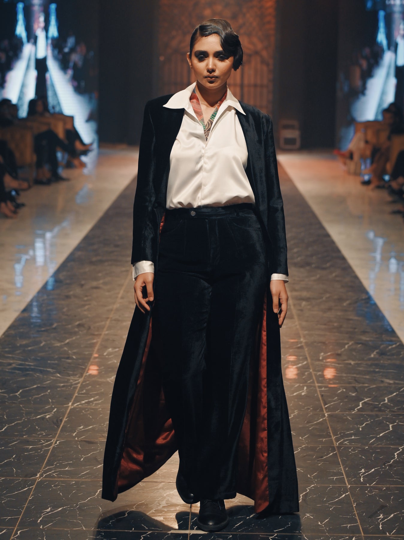 Pakistani Black Velvet Floor-Length Jacket 3-Piece with White Silk Shirt - Image 1