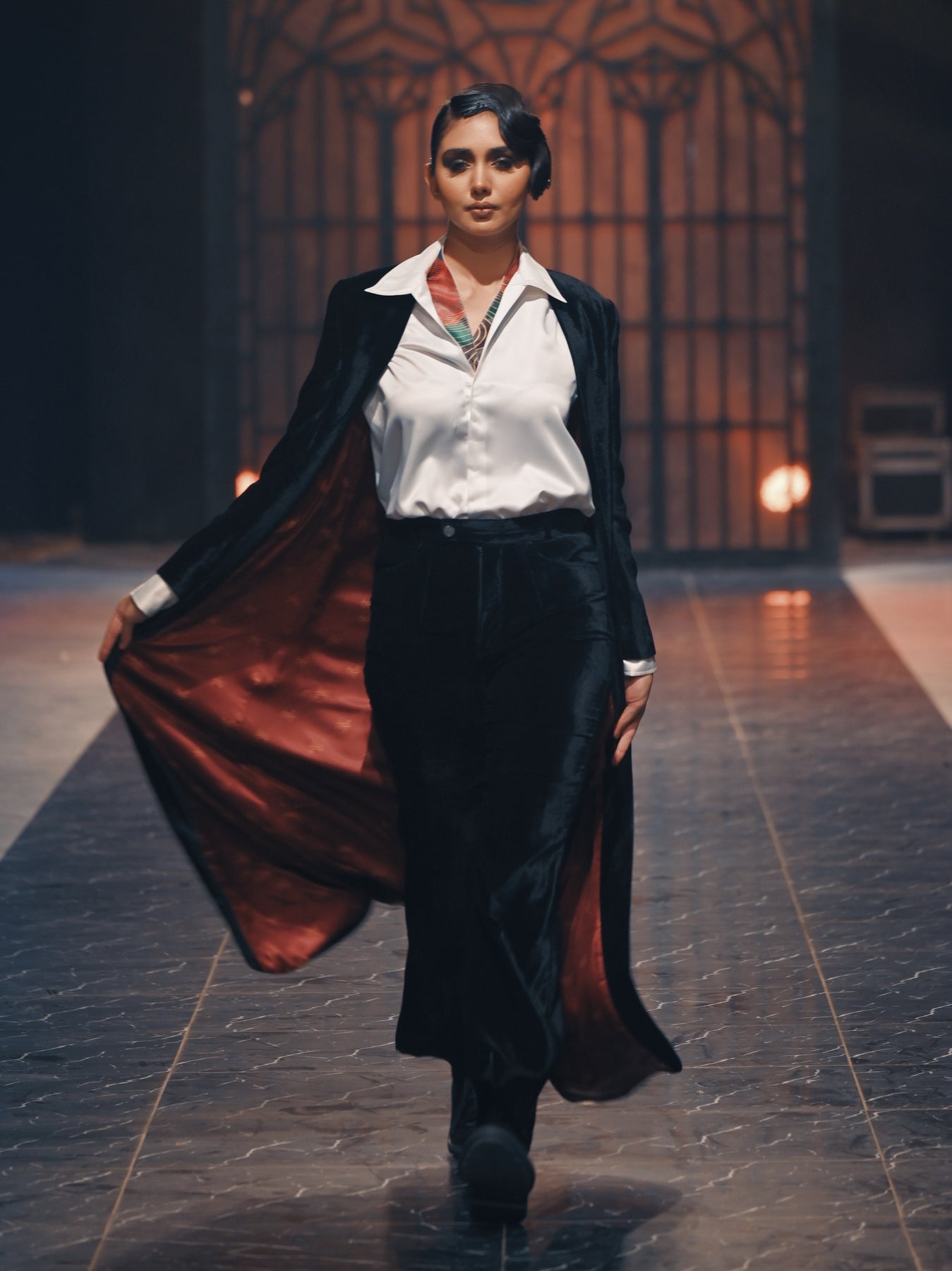 Pakistani Black Velvet Floor-Length Jacket 3-Piece with White Silk Shirt - Image 2