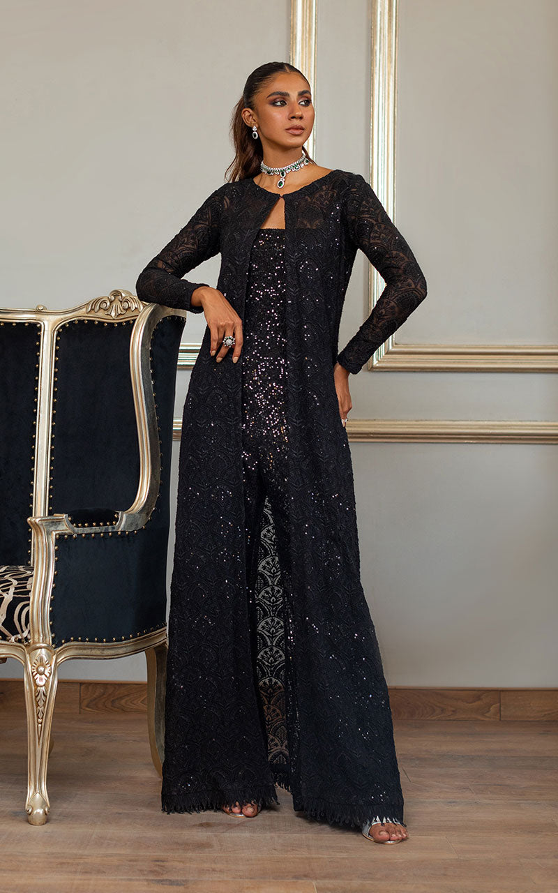 Black Embroidered Chiffon Jacket with Sequin Jumpsuit (2-Piece) - Image 1