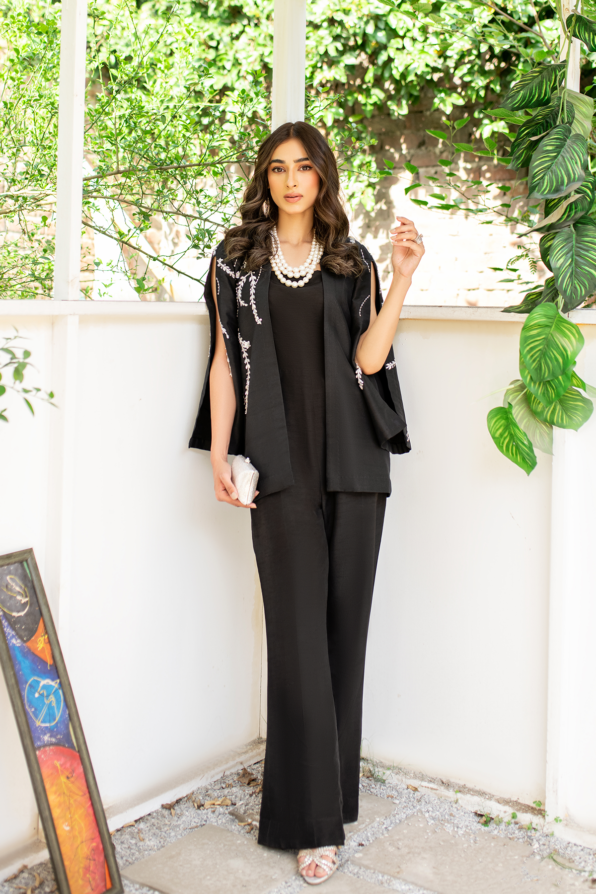 Black Hand-Embellished Raw Silk Jacket with Jumpsuit (2-Piece) - Image 1
