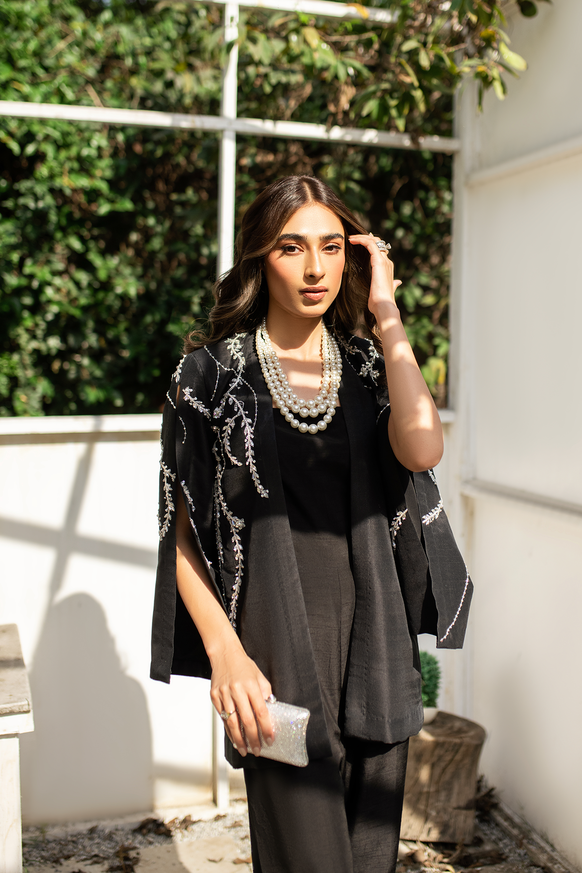 Black Hand-Embellished Raw Silk Jacket with Jumpsuit (2-Piece) - Image 4