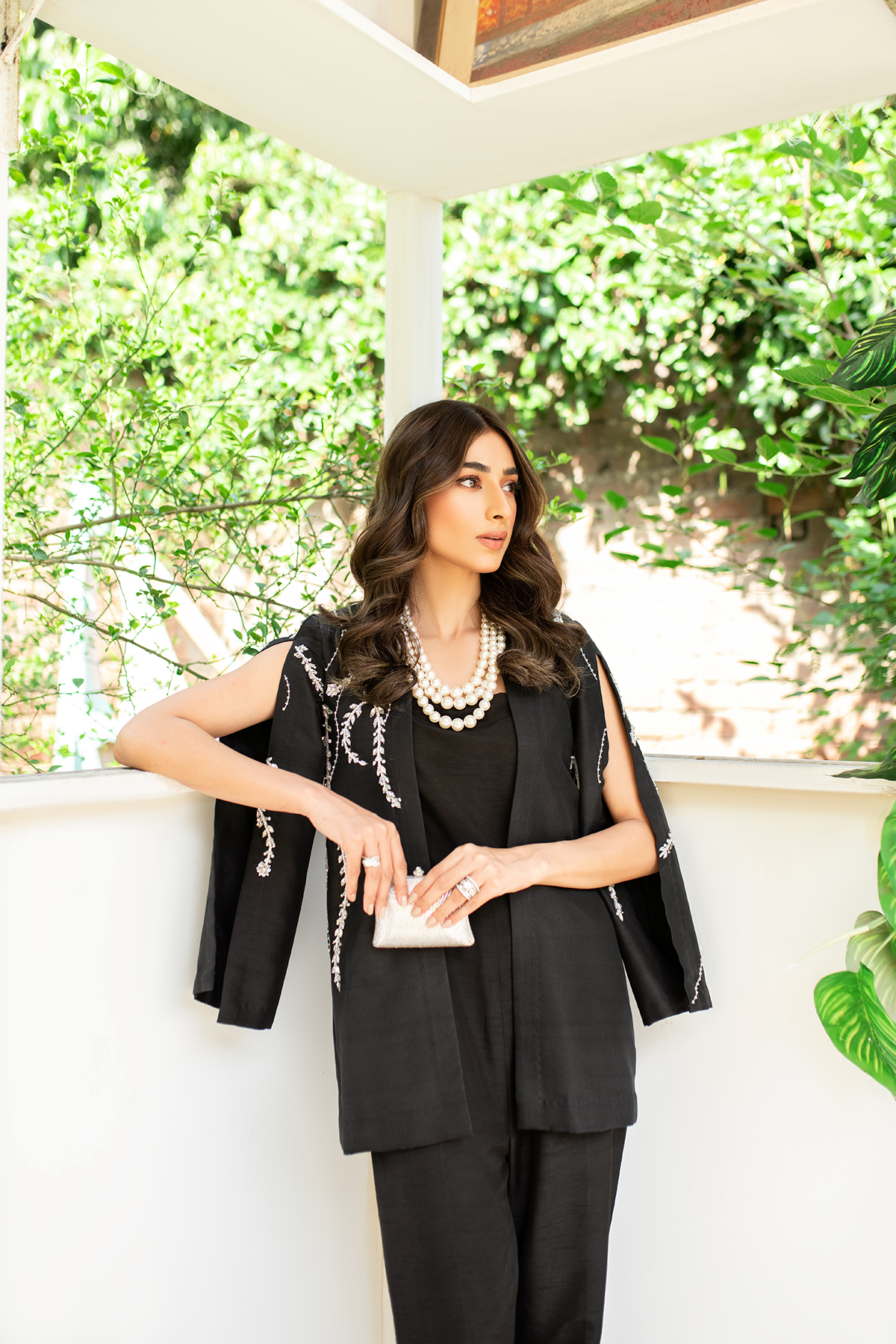 Black Hand-Embellished Raw Silk Jacket with Jumpsuit (2-Piece) - Image 6