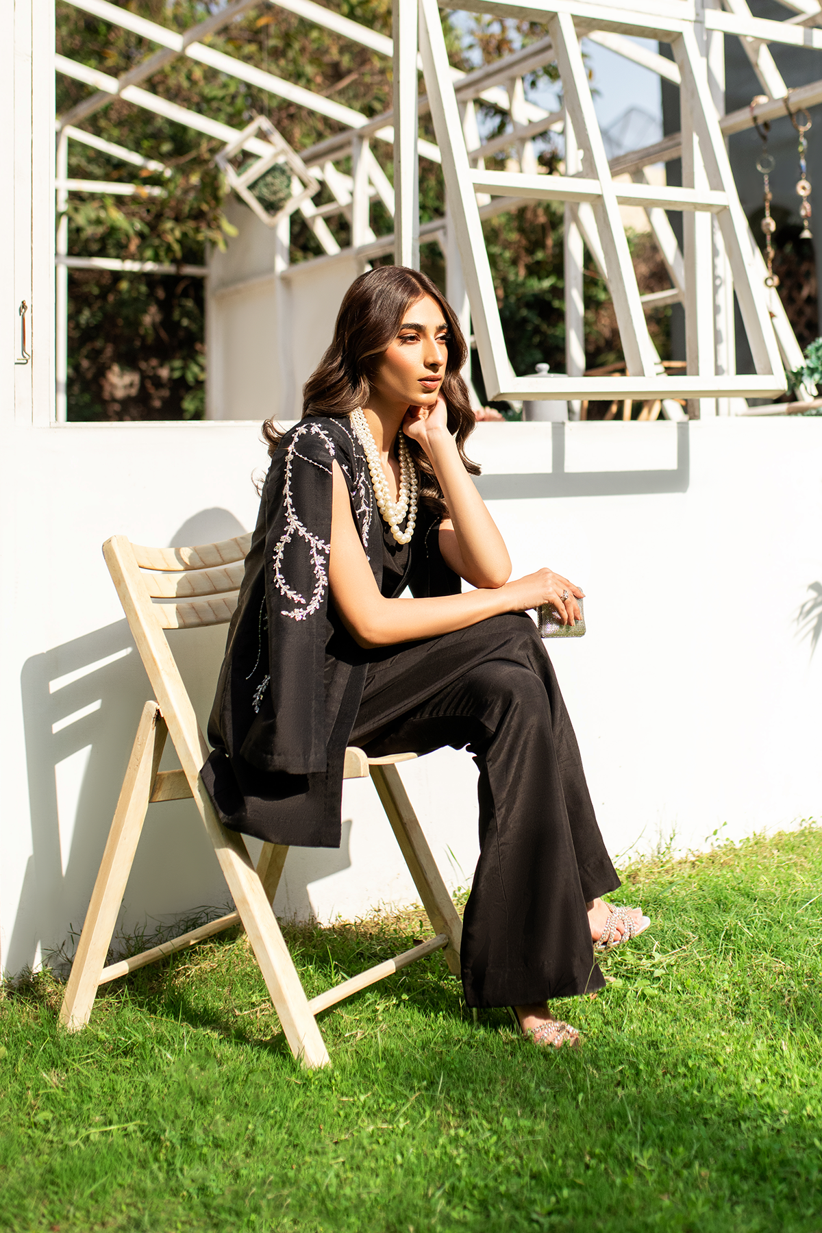 Black Hand-Embellished Raw Silk Jacket with Jumpsuit (2-Piece) - Image 7