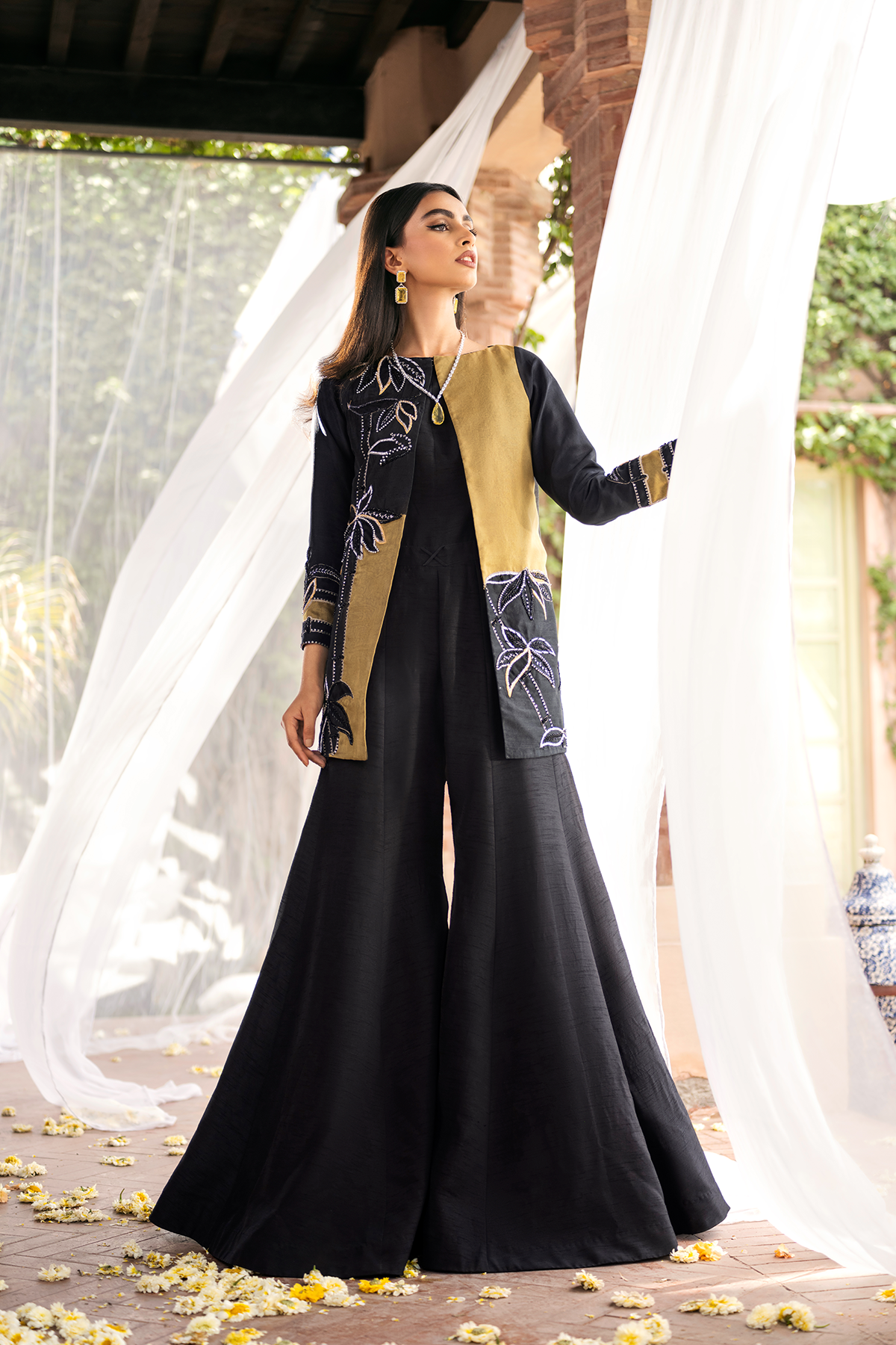 Black Embellished Organza Jacket with Raw Silk Jumpsuit (2-Piece) - Image 1