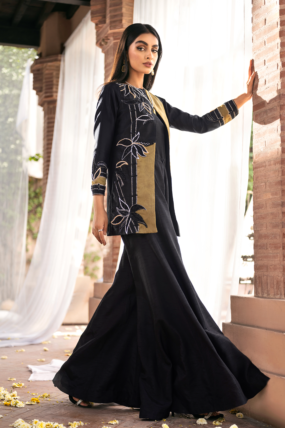 Black Embellished Organza Jacket with Raw Silk Jumpsuit (2-Piece) - Image 2