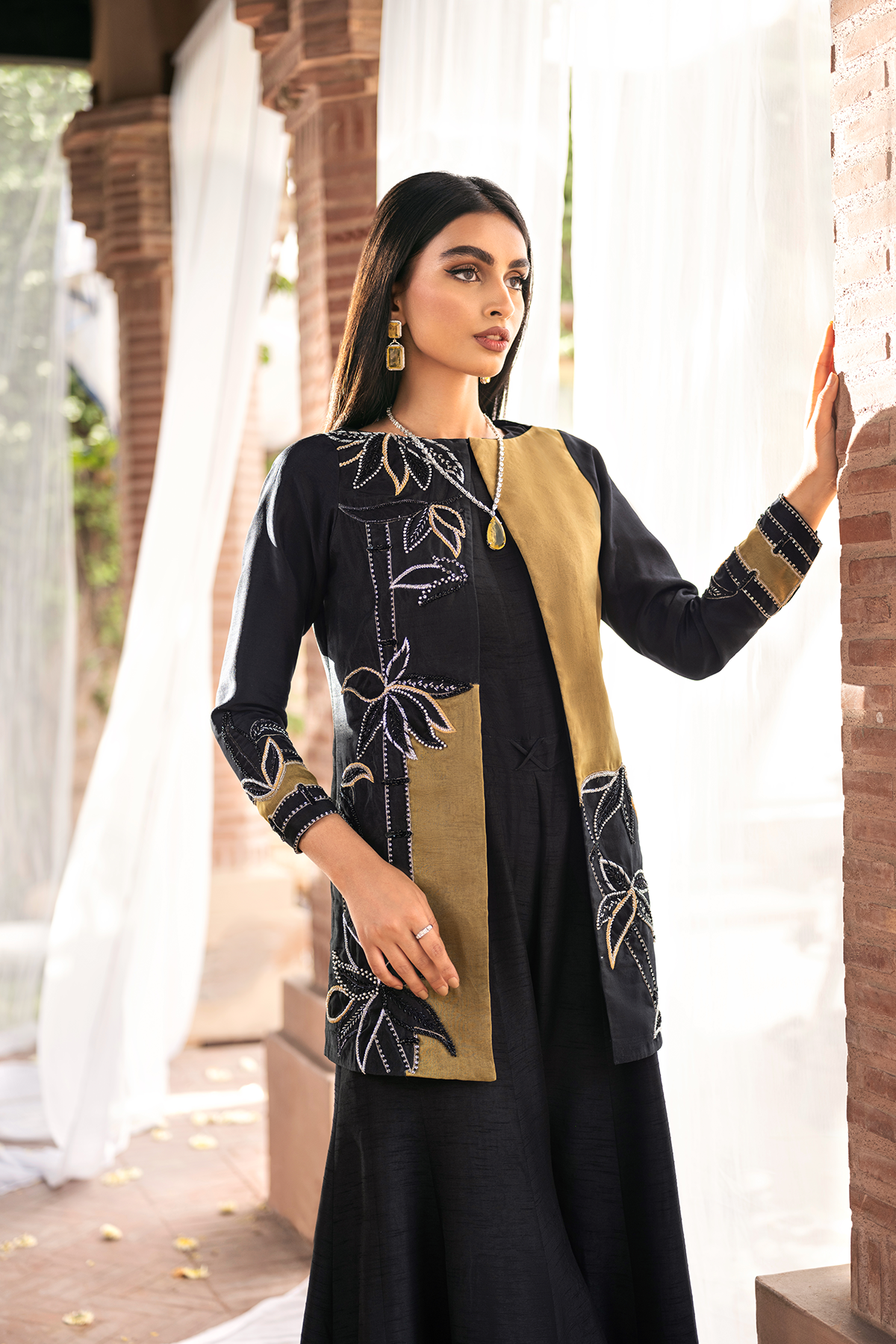 Black Embellished Organza Jacket with Raw Silk Jumpsuit (2-Piece) - Image 3