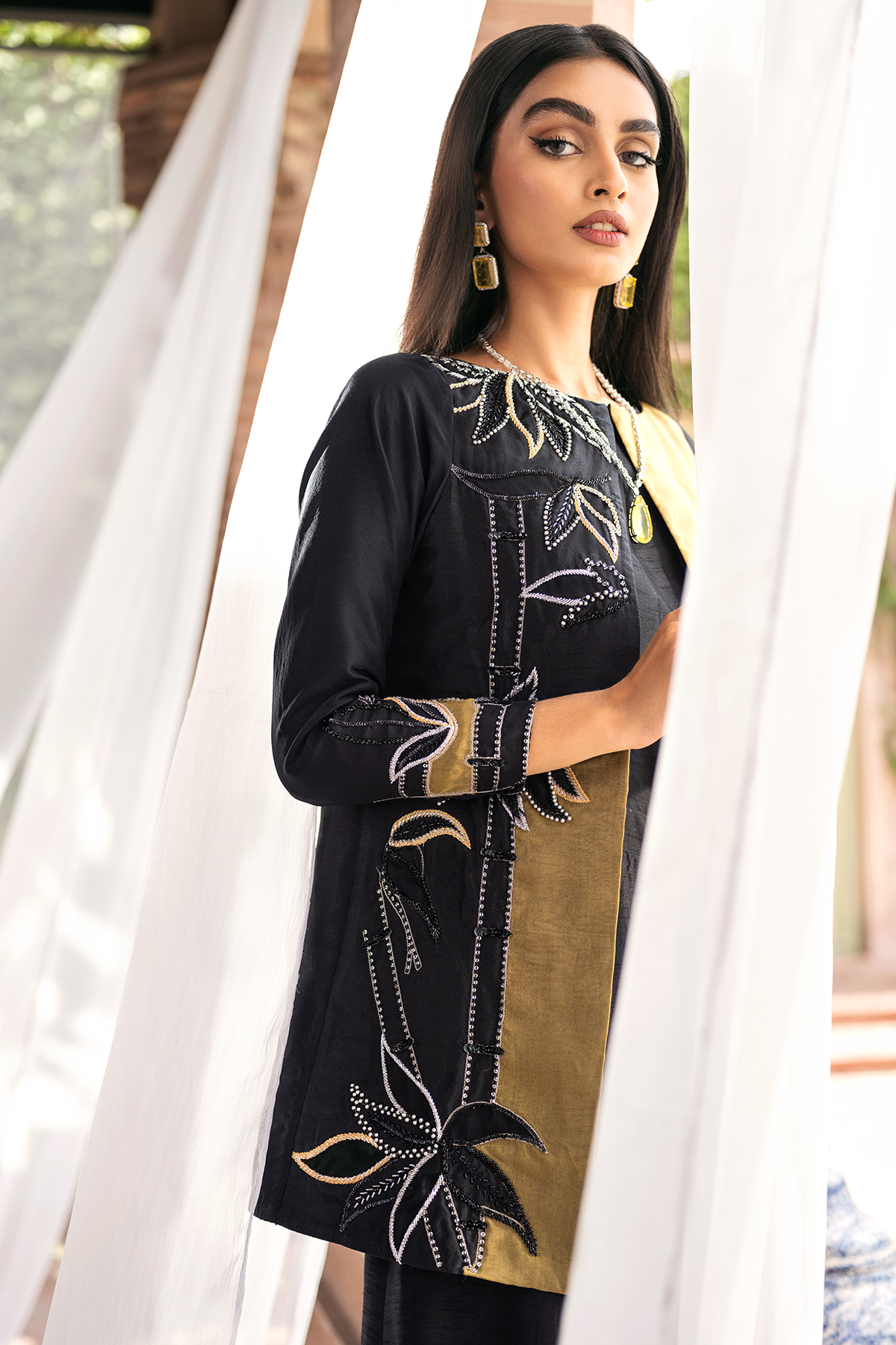 Black Embellished Organza Jacket with Raw Silk Jumpsuit (2-Piece) - Image 4